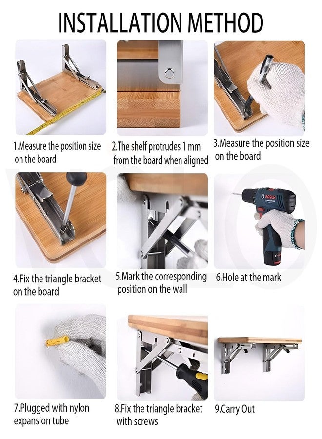 Volo Premium 200mm/ 8" Foldable Stainless Steel Multipurpose Bracket, Shelf Bracket, l Bracket, Wall Brackets, Wall Angle Bracket, Folding Table Bracket with Fittings for fold Down Table. - Image 3